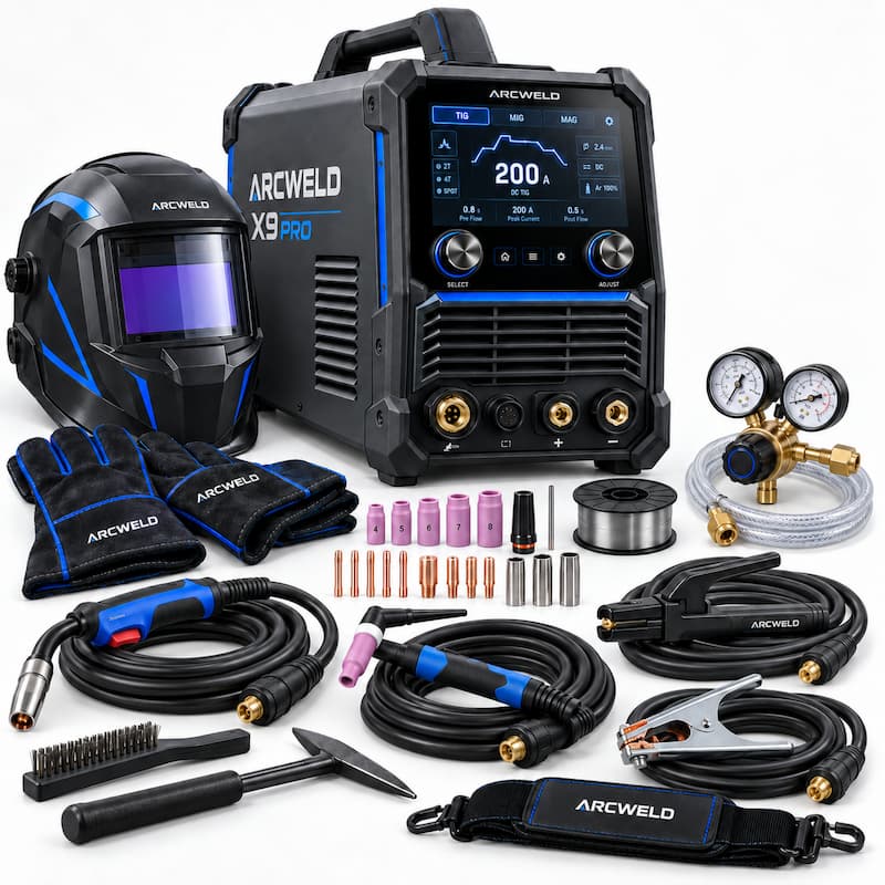 Contenuto della confezione Arcweld X9 Pro: saldatrice, torcia MIG, torcia TIG, portaelettrodo, morsetto di massa, regolatore gas, maschera e guanti da saldatore in omaggio